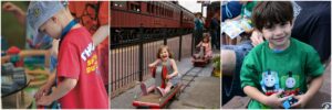 Collage of three photos of kids doing activities at the Day Out With Thomas event.