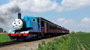 Thomas the tank engine on the tracks.