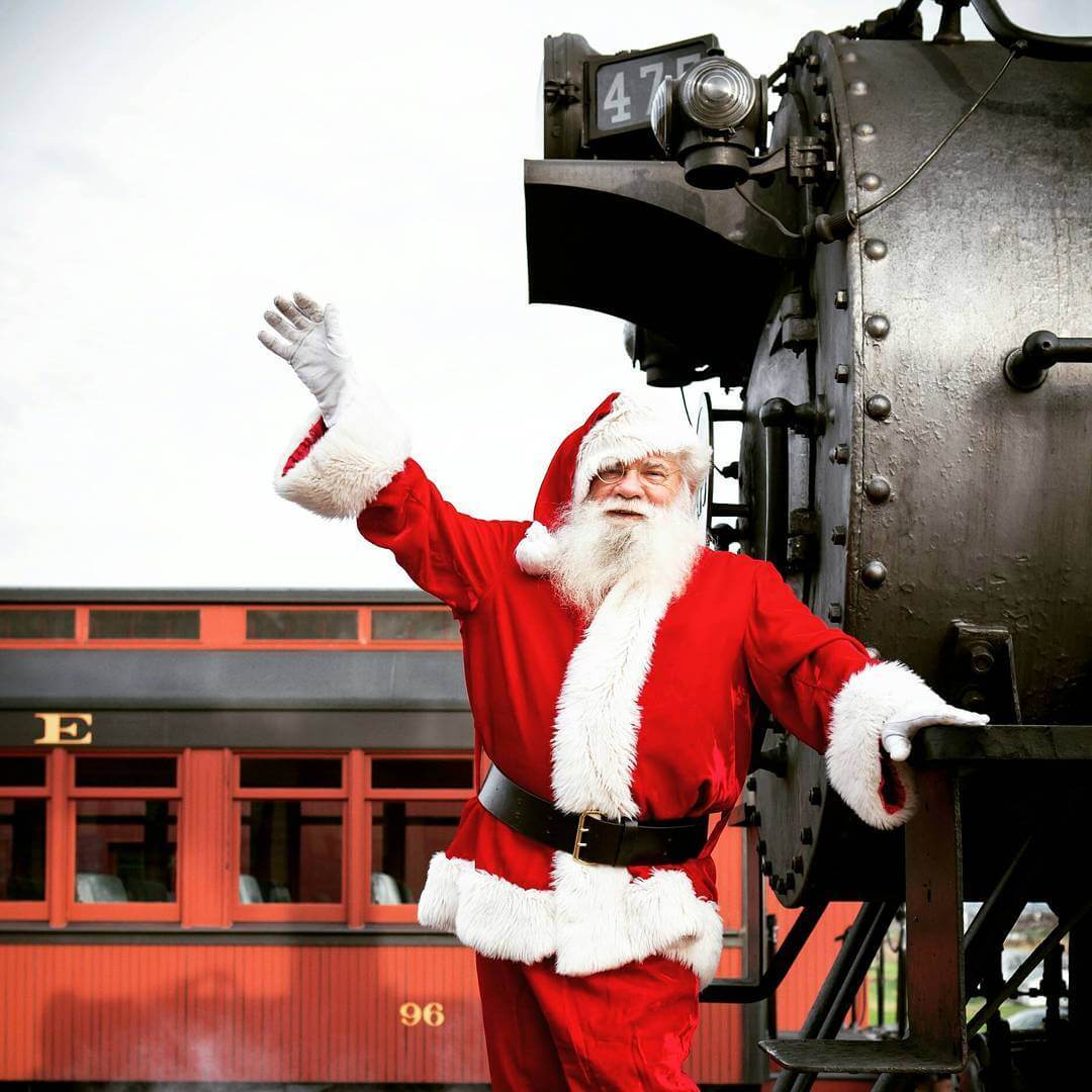 Santa waving aboard the Christmas train at Strasburg Rail Road.
