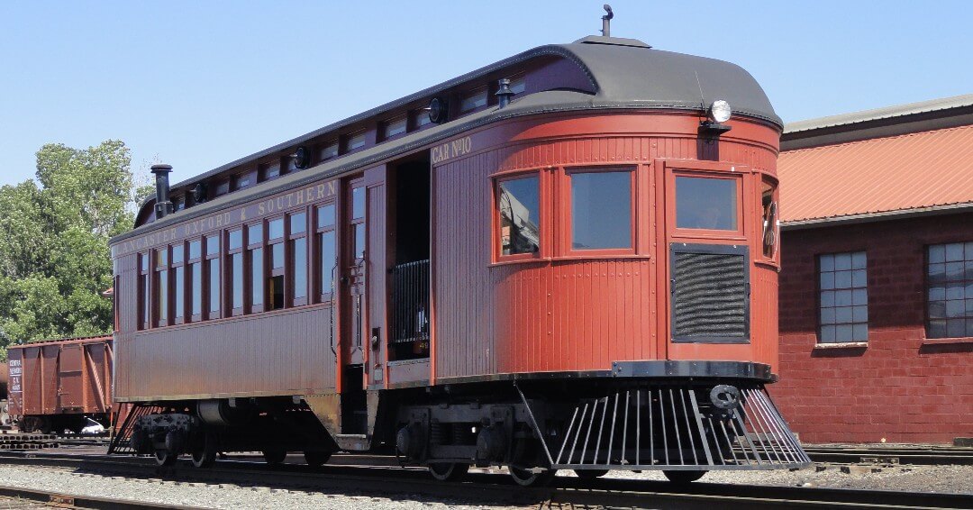 Motorcar no. 10 sitting outside of the train station at Strasburg Rail Road.