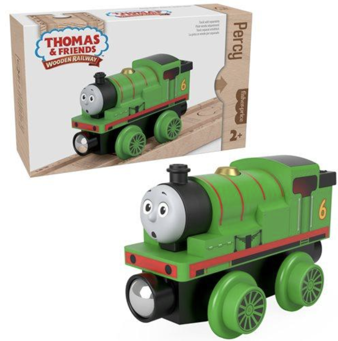 A close up of wooden toy train Percy next to its packaging.