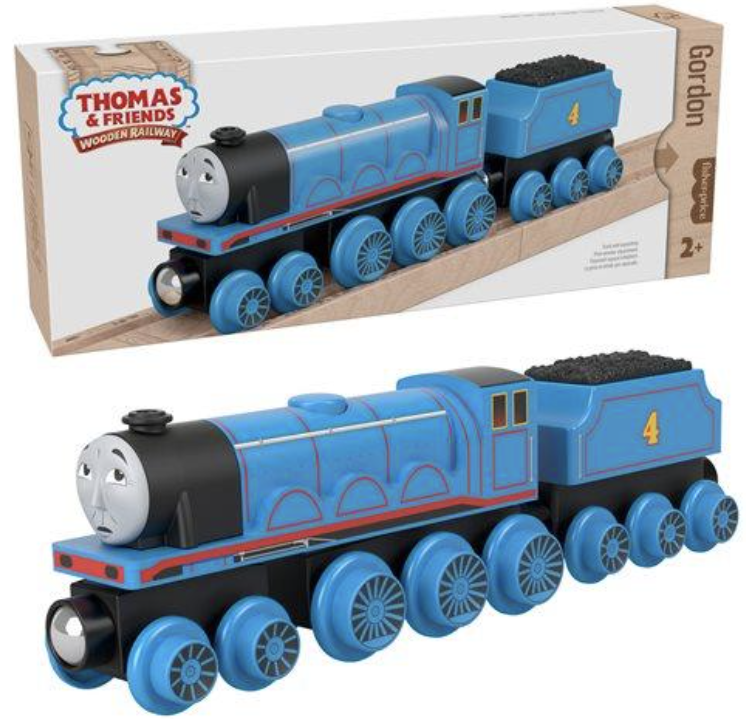 A close up of wooden toy train Gordon next to its packaging.
