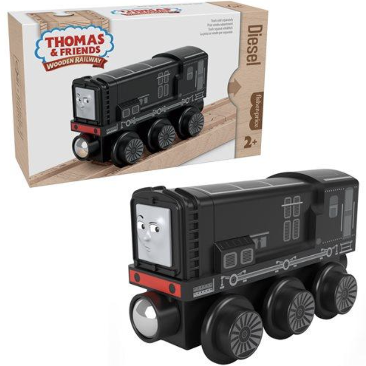 A close up of wooden toy train Diesel next to its packaging.