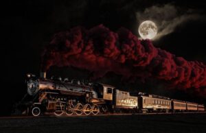 A train chugging down a track at night with spooky red smoke.