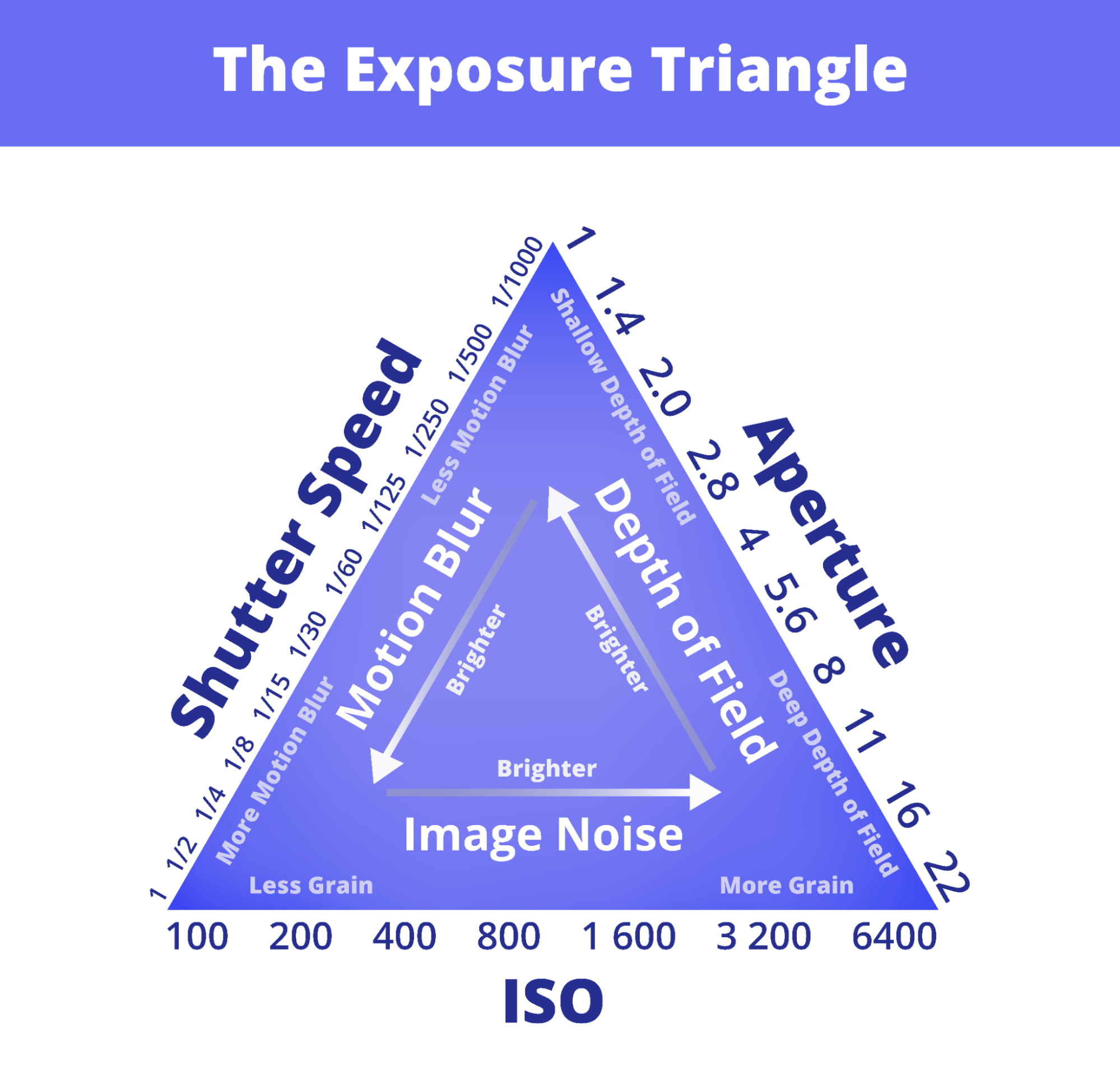 Illustration of the Exposure Triangle with ISO, Shutter Speed, and Aperture on a purple background.